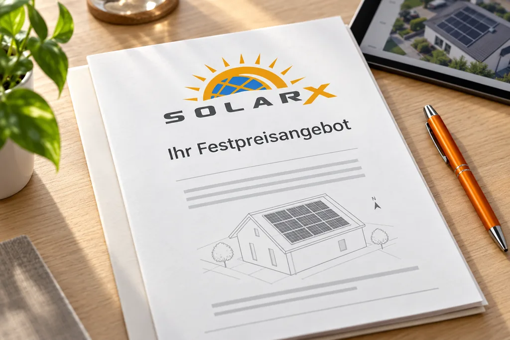 Ihr Festpreisangebot von SolarX SolarX-Angebotsmappe mit der Aufschrift „Ihr Festpreisangebot“ auf einem Schreibtisch.