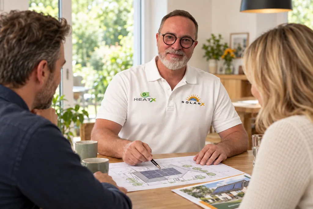 Persönliche SolarX-Beratung beim Vor-Ort-Termin SolarX-Fachberater mit Brille und grauem Bart bespricht mit einem Kundenpaar die Planung. Auf seinem Polo sind HeatX und SolarX zu sehen.
