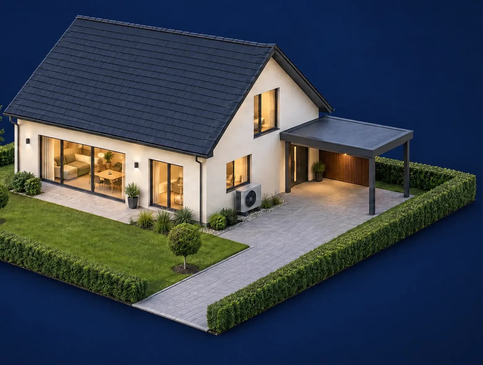 Symbolbild: 3D-Modell desselben Einfamilienhauses vor der Montage, Dach ohne Solarmodule