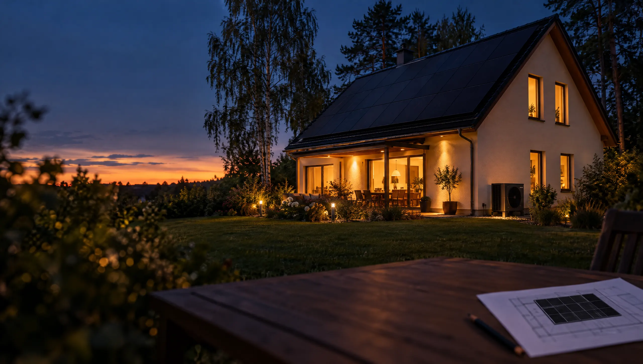 Symbolbild: Haus mit Solardach und Wärmepumpe in der blauen Stunde, davor ein Terrassentisch mit Anlagenplan