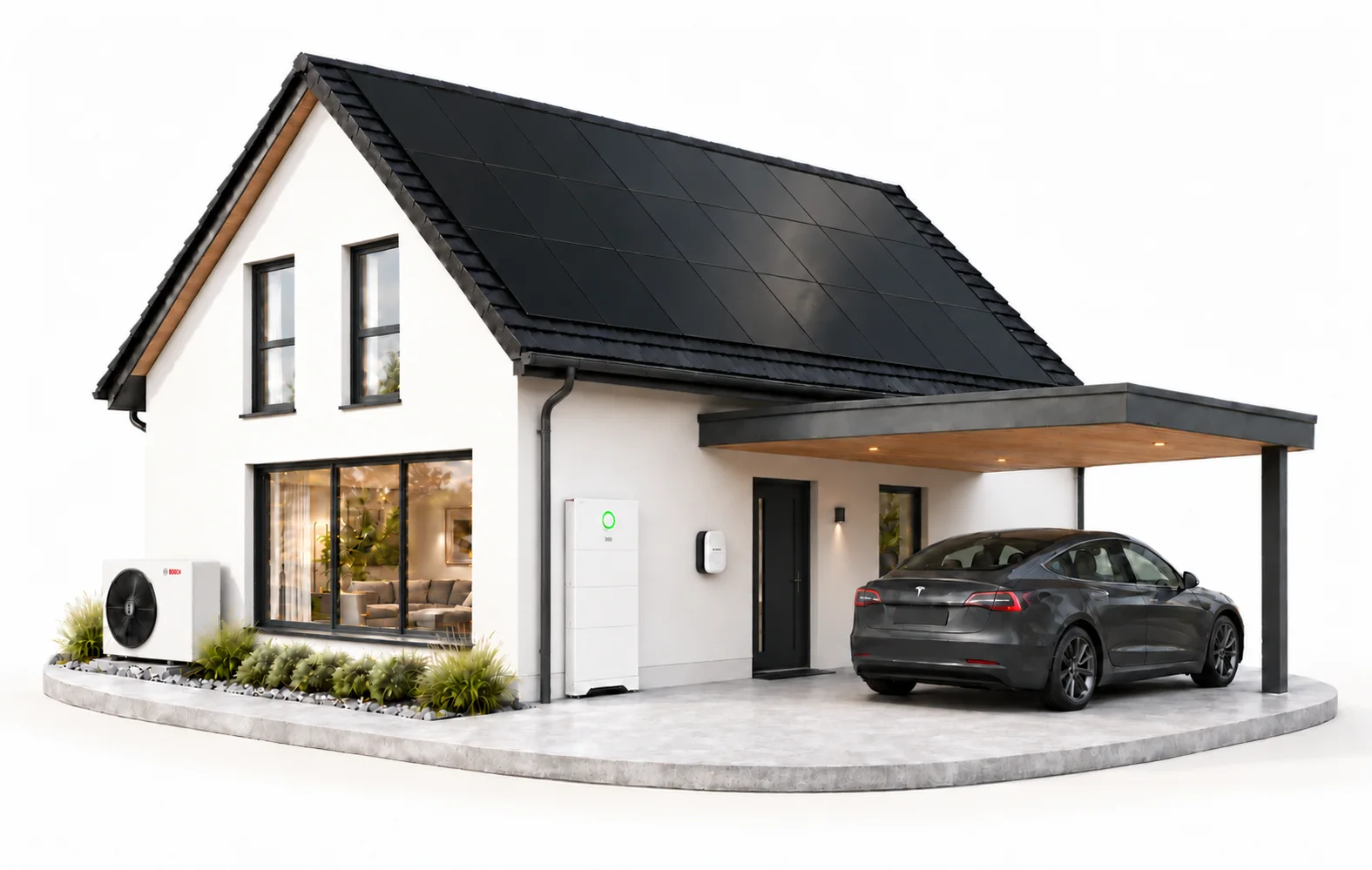 SolarX Energiesystem mit Photovoltaik, Speicher, Wärmepumpe und Wallbox Einfamilienhaus mit Photovoltaikanlage, Stromspeicher, Wärmepumpe und Wallbox