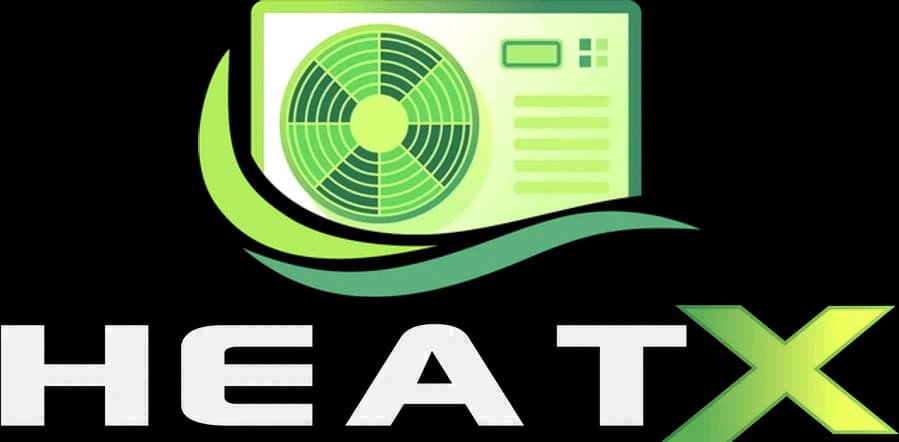 HeatX Logo mit weißer Schrift HeatX Bild-Wort-Marke mit grünem Wärmepumpensymbol, weißer Schrift und grünem X.