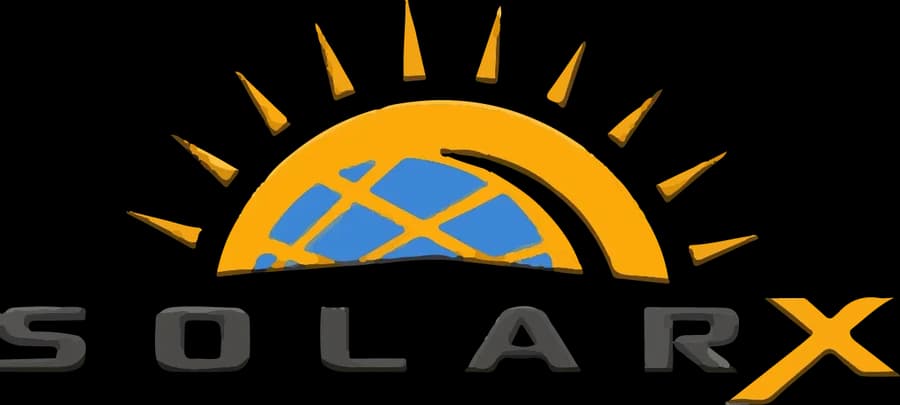 SolarX Logo mit dunkler Schrift SolarX Bild-Wort-Marke mit orangefarbenem Sonnensymbol, dunkler Schrift und orangefarbenem X.