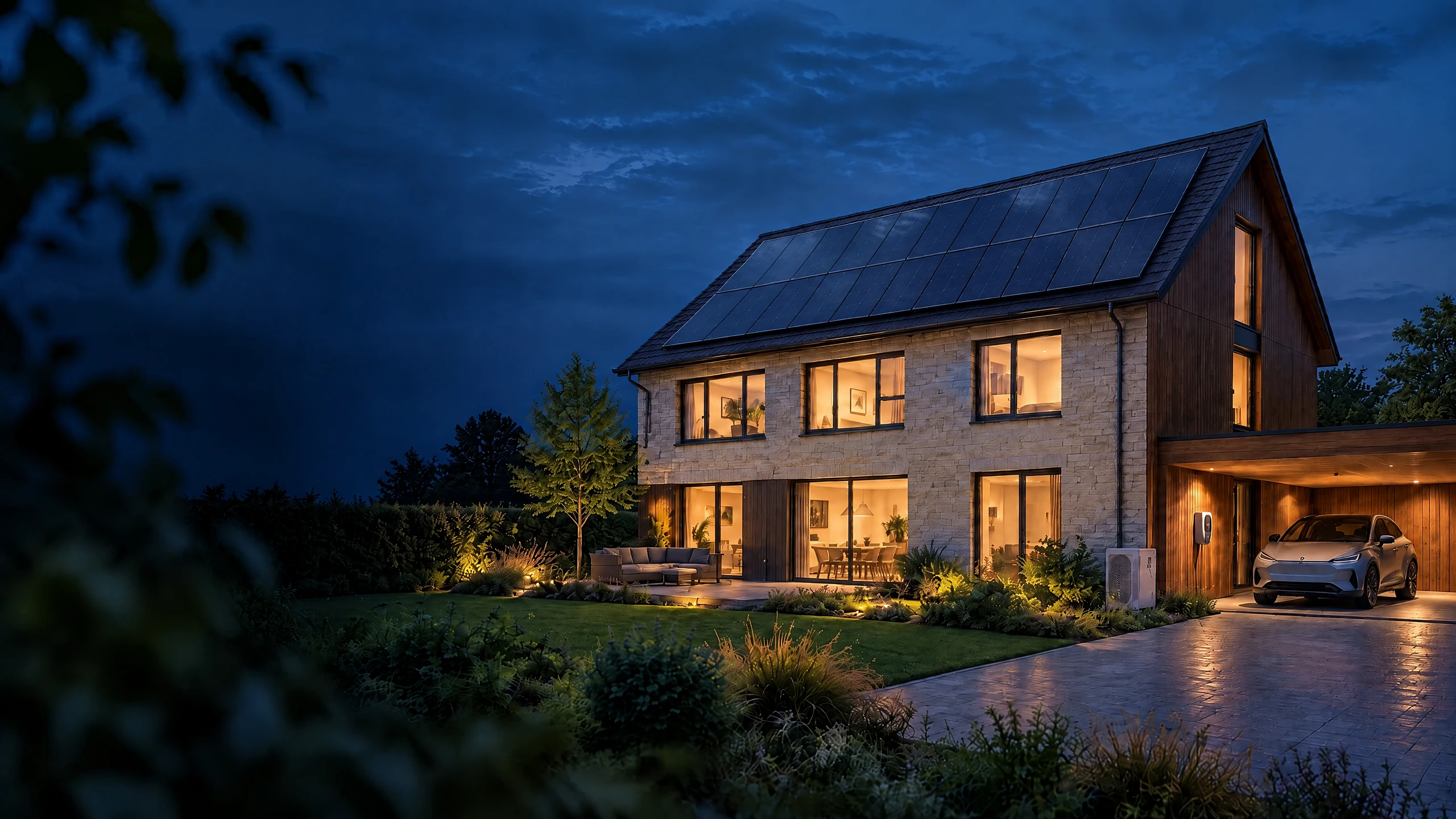 Solarhaus im Abendlicht mit einheitlichen PV-Modulen Solarhaus im Abendlicht mit gleichmäßig angeordneten schwarzen PV-Modulen, Wallbox und Wärmepumpe