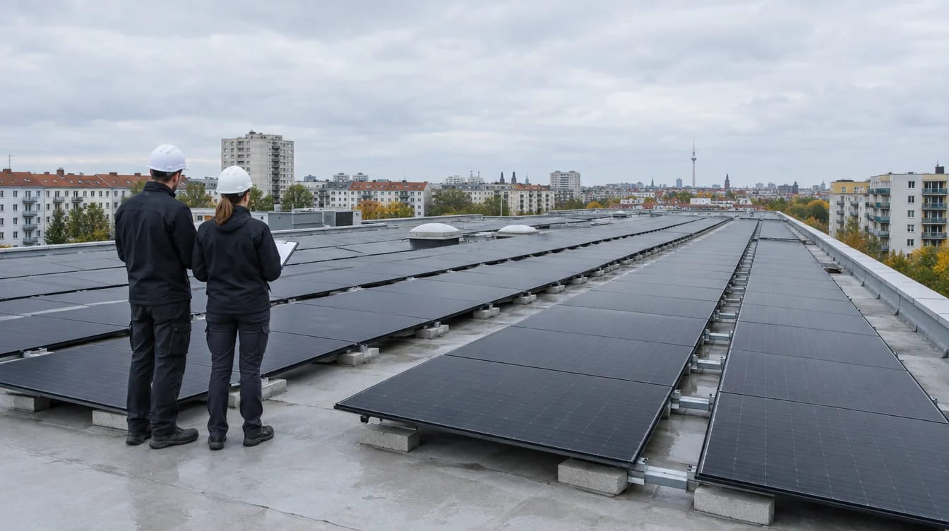 SolarX – Flachdach eines Gewerbegebäudes mit langen Reihen schwarzer Solarmodule, im Hintergrund Berliner Wohnblocks Flachdach eines Gewerbegebäudes mit langen Reihen schwarzer Solarmodule, im Hintergrund Berliner Wohnblocks