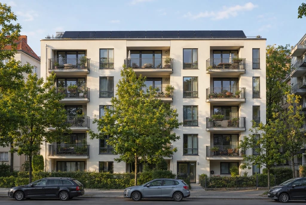 SolarX – Modernes Mehrfamilienhaus mit Balkonen und begrüntem Vorplatz Mehrgeschossiges Wohnhaus mit Balkonen, auf dem Flachdach eine Reihe schwarzer Solarmodule