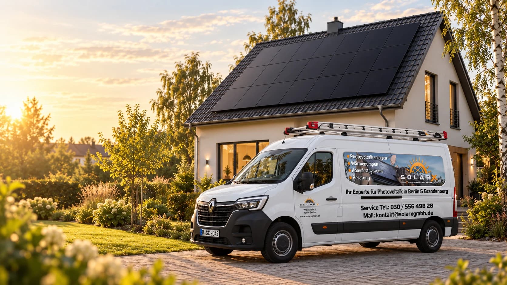 SolarX-Transporter vor einem Haus mit Photovoltaikanlage SolarX-Transporter vor einem Haus mit Photovoltaikanlage