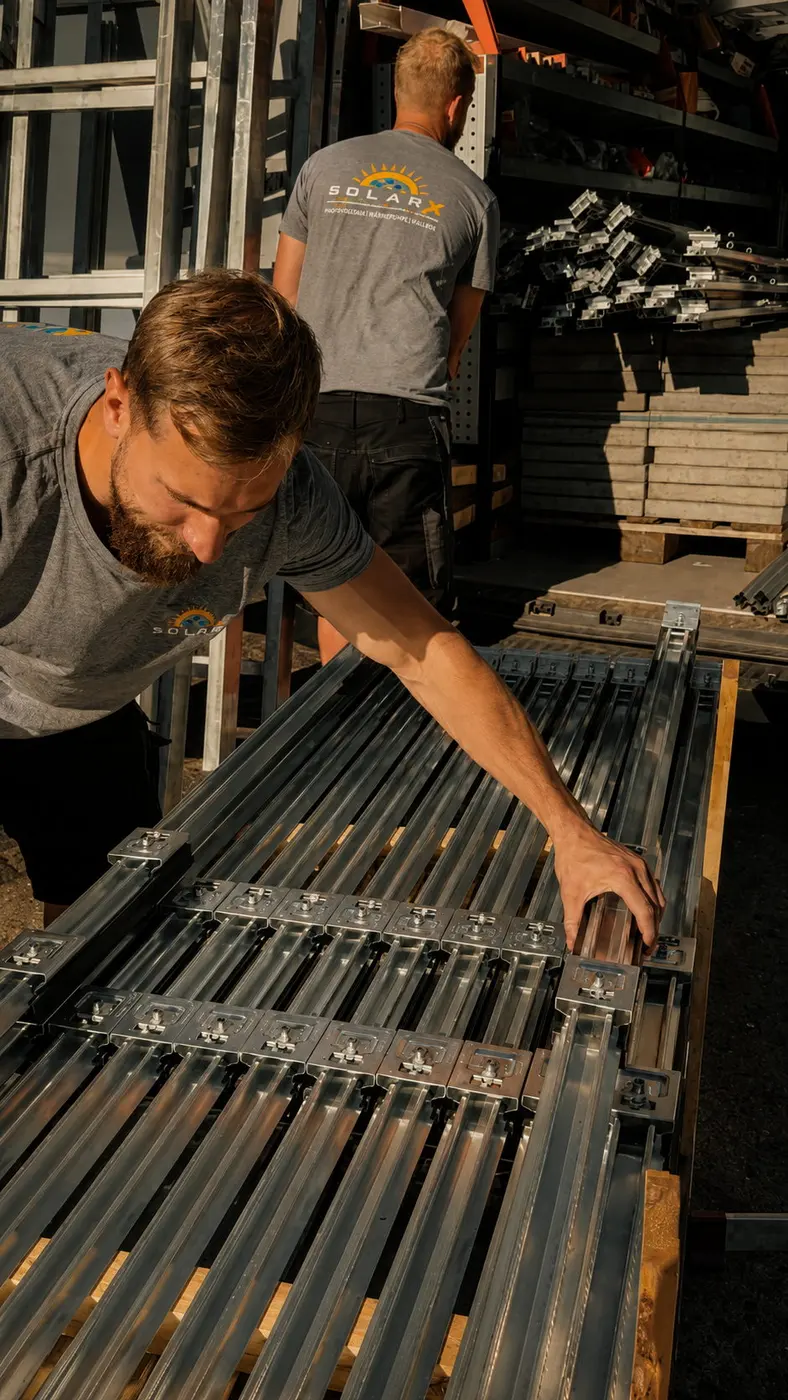 SolarX – Lager mit Unterkonstruktion und Montageschienen Monteur beugt sich im Lager über Montageschienen der Unterkonstruktion