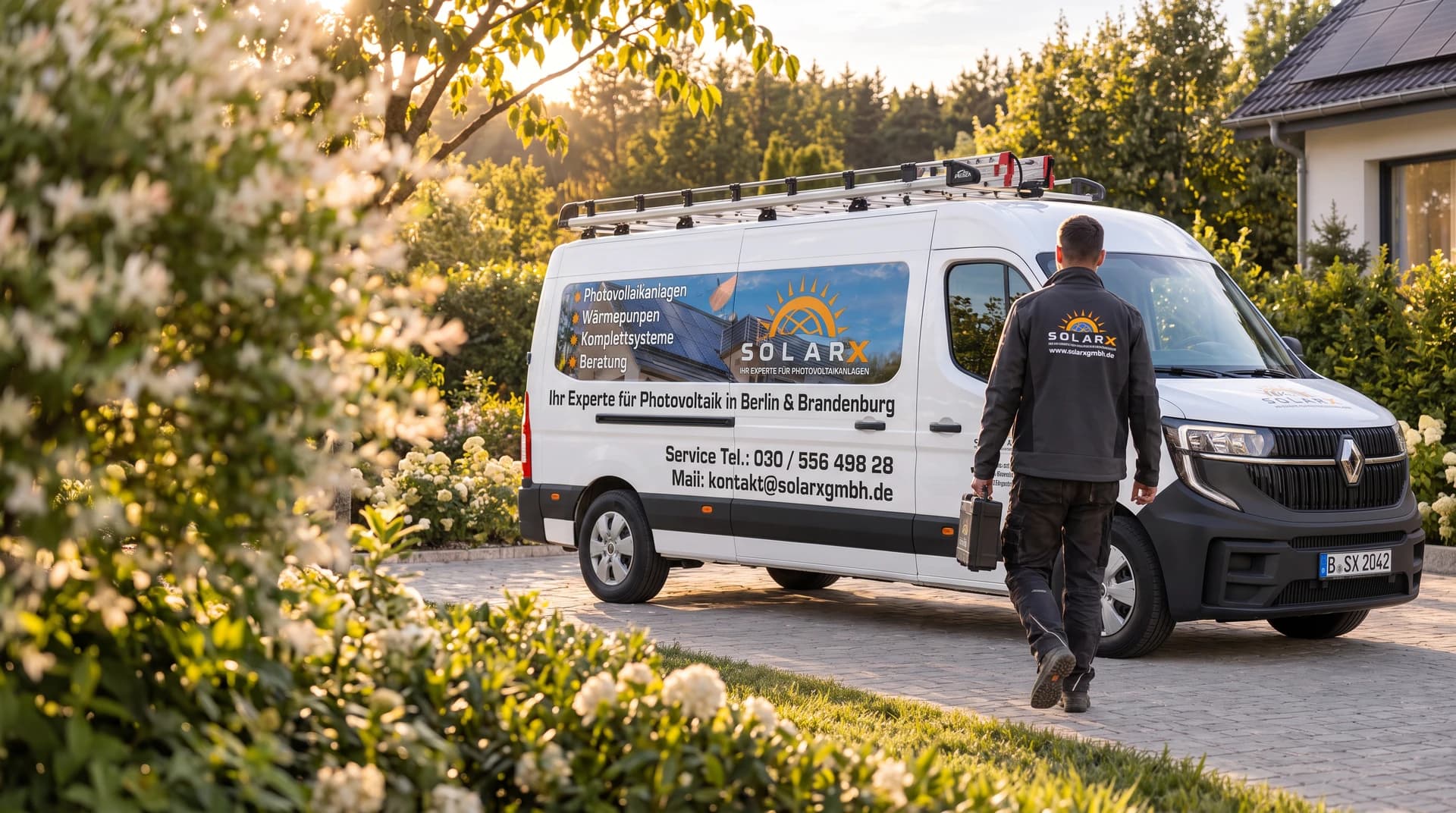 Illustrative Serviceszene: Techniker mit SolarX-Rückenlogo und Werkzeugkoffer vor der Seitenansicht des SolarX-Transporters Illustrative Serviceszene: Techniker mit SolarX-Rückenlogo und Werkzeugkoffer vor der Seitenansicht des SolarX-Transporters