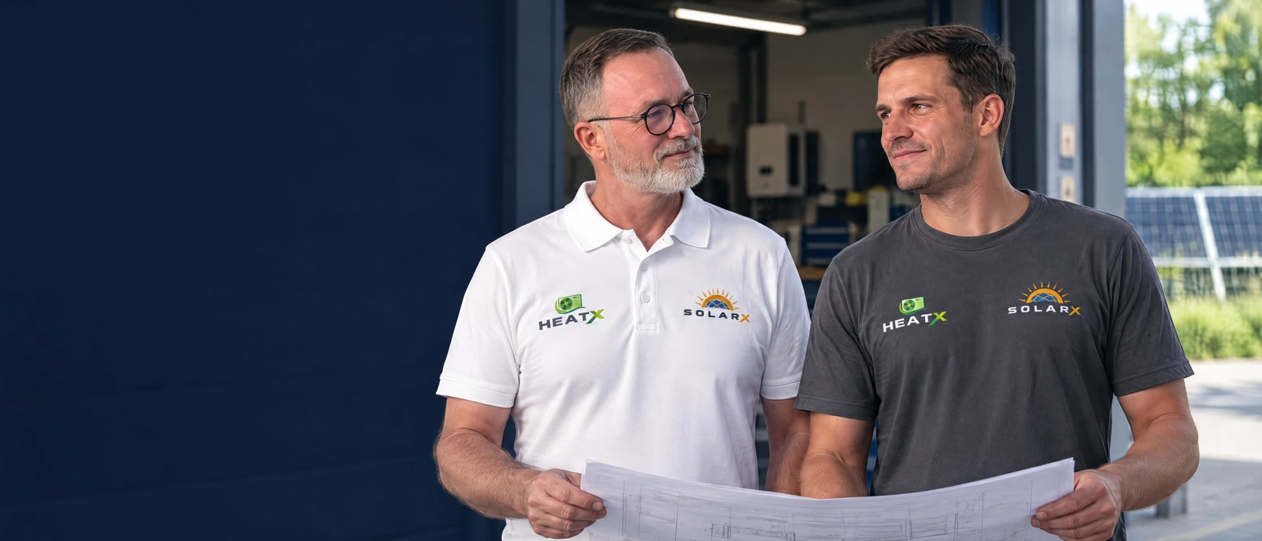 Generiertes Karrieremotiv nach Teamvorlagen: zwei Kollegen mit HeatX- und SolarX-Logos besprechen einen Projektplan Generiertes Karrieremotiv nach Teamvorlagen: zwei Kollegen mit HeatX- und SolarX-Logos besprechen einen Projektplan