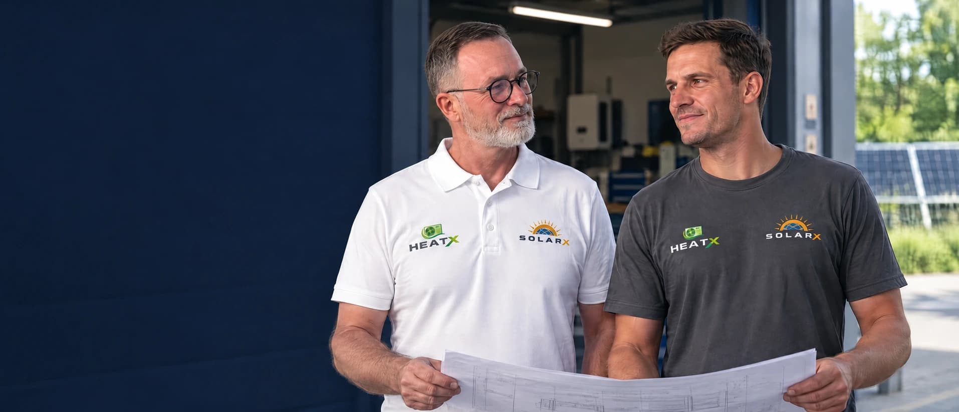 Zwei Kollegen mit SolarX- und HeatX-Arbeitskleidung bei der gemeinsamen Projektplanung Zwei Kollegen mit SolarX- und HeatX-Arbeitskleidung bei der gemeinsamen Projektplanung