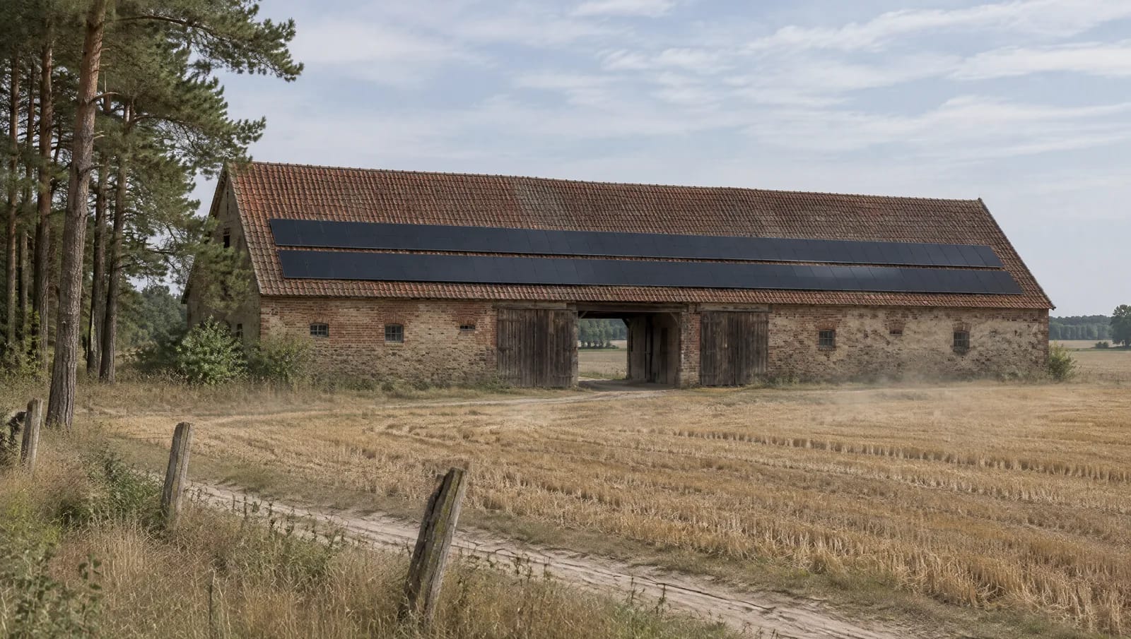 Gezeigt ist der Bauernhof mit Durchfahrtsscheune, wie ihn die Denkmalliste für Dörfer in Elbe-Elster beschreibt: Wohnhaus, Stallspeicher und eine lange Scheune, durch die früher der beladene Wagen fuhr. Das Scheunendach ist die größte zusammenhängende Fläche eines solchen Hofes und meist die älteste. Ein Dachstuhl, der jahrzehntelang Heu getragen hat, ist deshalb nicht automatisch für Module bemessen; der Statiknachweis steht vor dem Angebot. Dazu kommt der Staub der Roggenernte auf flach geneigten Flächen. Weite Hofstelle im Landkreis Elbe-Elster: eine lange Durchfahrtsscheune mit steilem Satteldach und dunkelroten Biberschwanzziegeln, darauf zwei durchgehende Reihen schwarzer Module. Davor ein abgeerntetes Roggenfeld, ein sandiger Feldweg und eine Reihe hoher Kiefern im Spätsommerlicht.