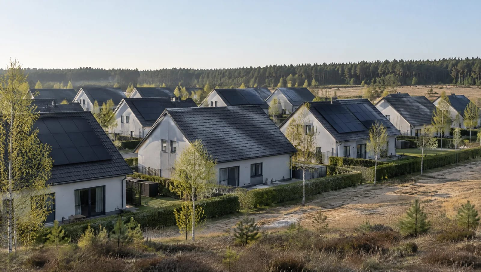 Zwischen Dallgow-Döberitz, Falkensee, Brieselang und Wustermark sind seit den neunziger Jahren ganze Quartiere auf früherem Acker-, Heide- und Truppenübungsgelände entstanden. Der Dachtyp ist überall ähnlich: mäßig geneigtes Satteldach, Betondachsteine, wenige Aufbauten, eine klare Südseite. Solche Dächer tragen die Last in der Regel ohne Nachrüstung, und die Modulreihen laufen durch. Die Arbeit verlagert sich nach innen — Zählerschrank, Platz für Wechselrichter und Speicher, Leitungsweg vom Dach zum Hausanschluss. Blick über ein junges Wohngebiet im Landkreis Havelland: gleichförmige Einfamilienhäuser mit flach geneigten Satteldächern aus anthrazitfarbenen Betondachsteinen, dicht an dicht und gleich ausgerichtet. Auf mehreren Südseiten liegen geschlossene schwarze Modulfelder, dahinter Kiefernwald am Horizont, Morgenlicht im Frühjahr.