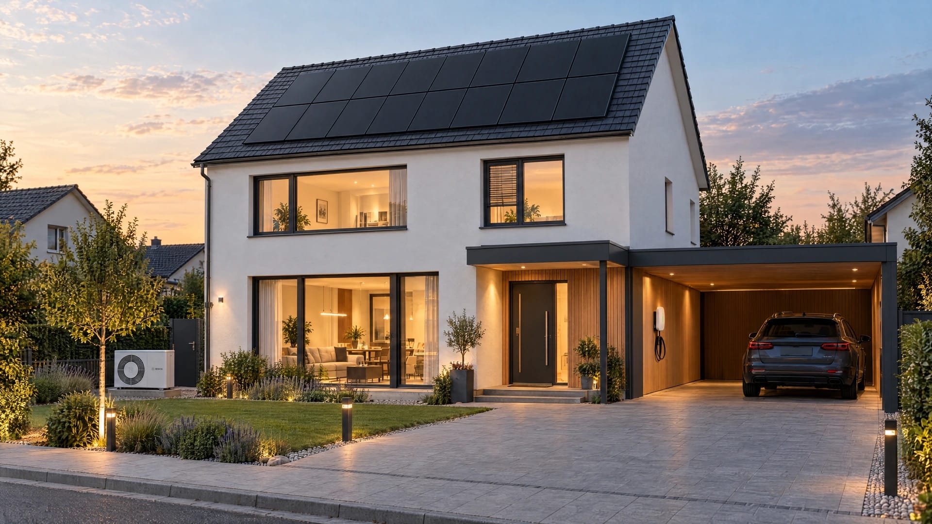 SolarX – Energiehaus mit Photovoltaik im Abendlicht