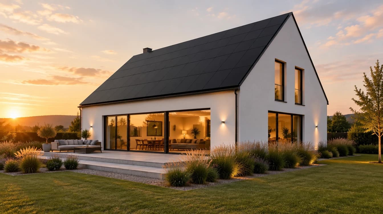 SolarX – Haus mit Solardach in der Abenddämmerung Wohnhaus in der Dämmerung mit vollflächiger Photovoltaikanlage auf dem Dach