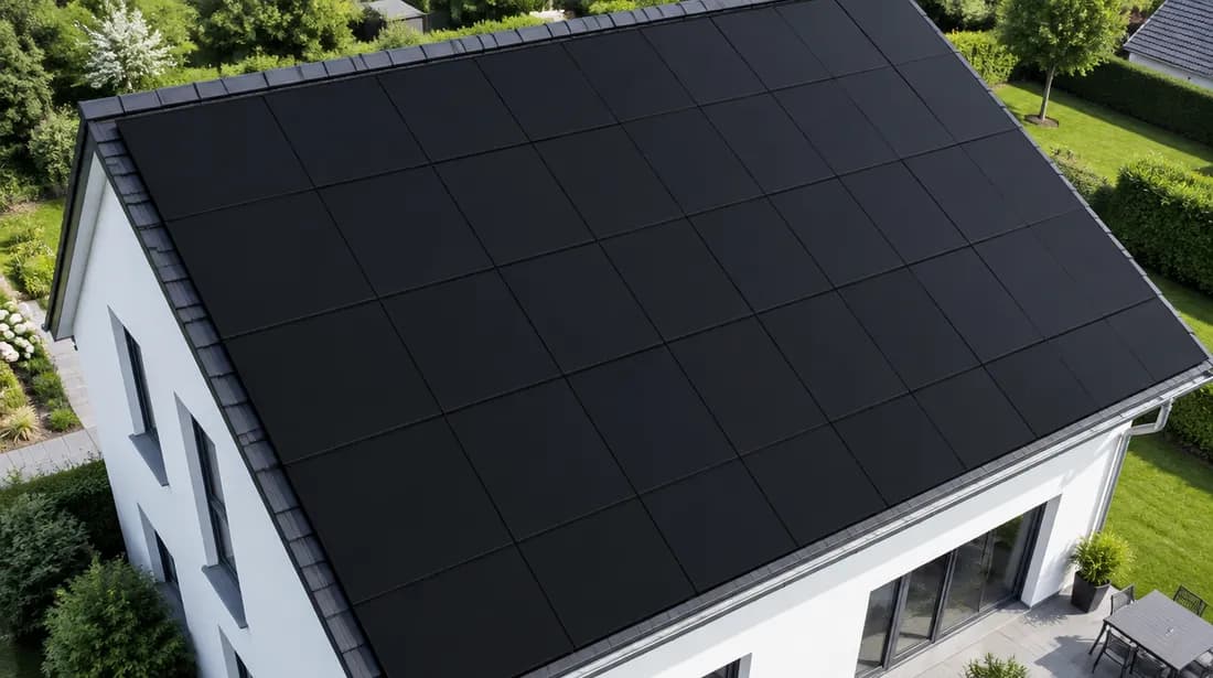 SolarX – Schwarze Photovoltaikmodule auf einem Hausdach Vollflächig belegtes Schrägdach mit schwarzen Photovoltaikmodulen