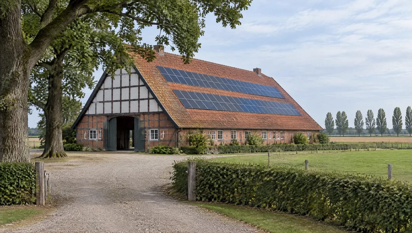 Förderung Photovoltaik Niedersachsen 2025 – Alle Infos Niedersaechsisches Hallenhaus aus rotem Backstein mit Fachwerkgiebel, weissen Gefachen und grossem Bogentor mit graugruenen Holzfluegeln; auf dem steilen, bemoosten Pfannendach liegen zwei lange Reihen blauer Solarmodule. Davor ein Kiesweg zwischen Hecken, links eine alte Eiche, rechts Weide und Pappelreihe.