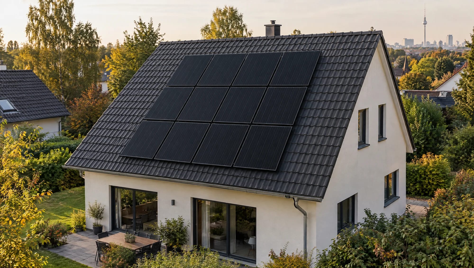 Photovoltaik in Berlin – gleichmäßige Full-Black-Module Zwölf gleichmäßig angeordnete schwarze Solarmodule in drei Reihen auf einem Einfamilienhaus, mit Berliner Stadtkulisse im Hintergrund.
