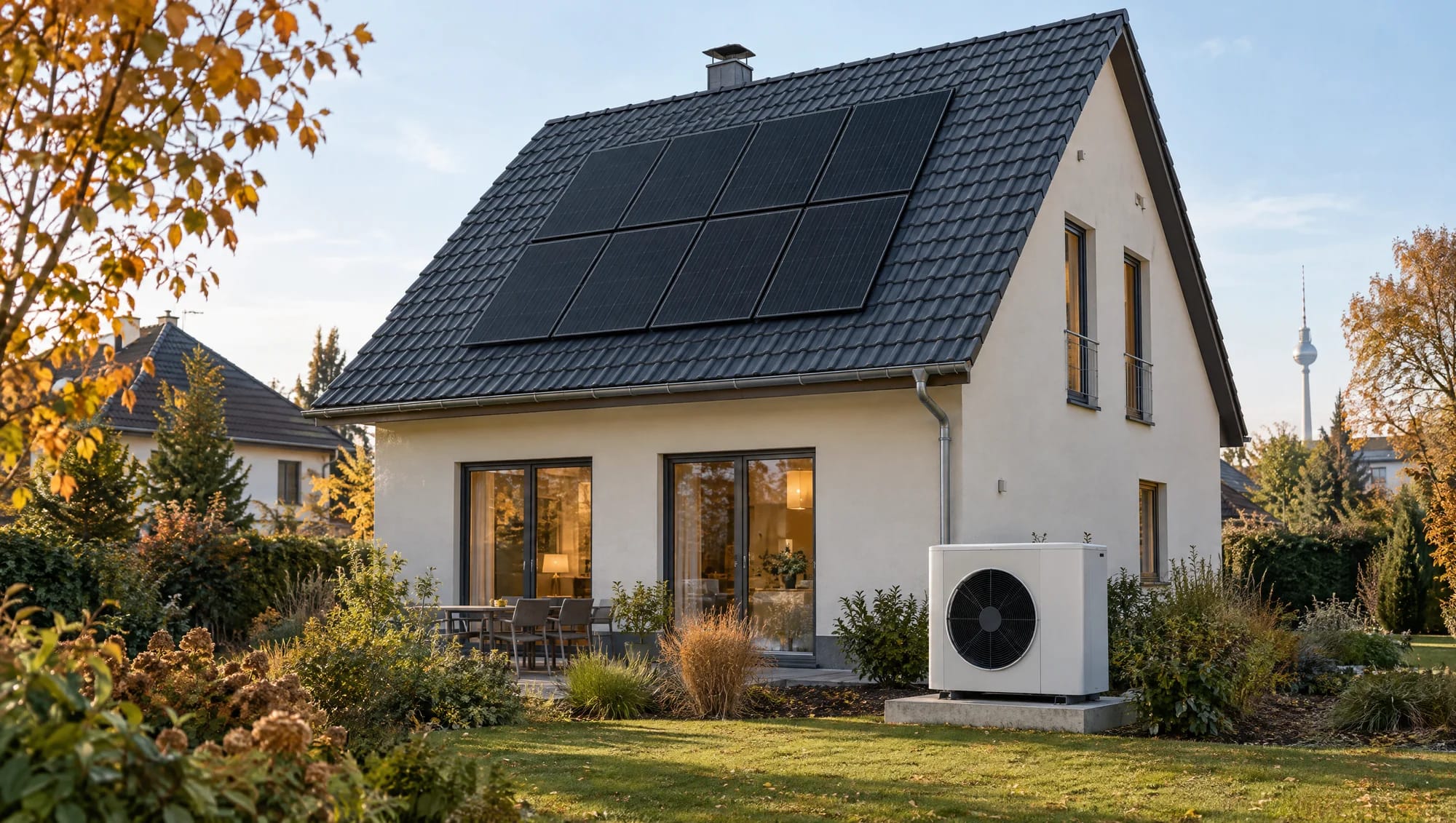 Photovoltaik und Wärmepumpe am Einfamilienhaus Einfamilienhaus mit acht gleichmäßig angeordneten Solarmodulen auf dem Dach und weißer Wärmepumpe im Garten.