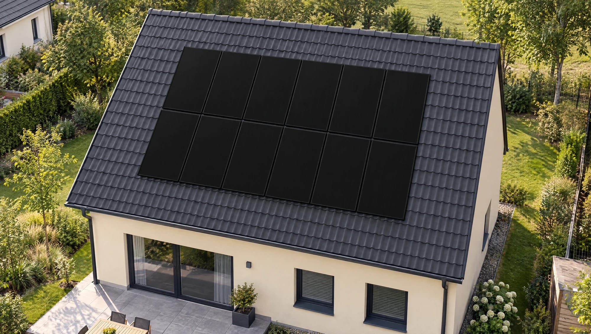 PV-Anlagengröße – Dachbelegung mit Full-Black-Modulen Zwölf schwarze Solarmodule im Hochkantformat in zwei gleichmäßigen Reihen auf einem anthrazitfarbenen Hausdach aus erhöhter Perspektive.