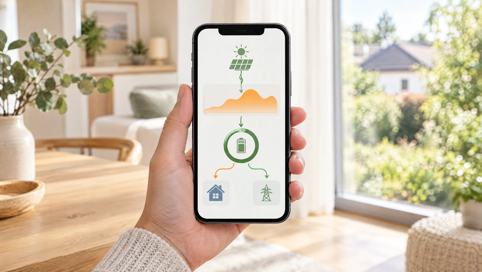 Solar-Apps 2026 – Energieflüsse verstehen Hand mit Smartphone vor einem hellen Wohnraum; auf dem Bildschirm eine illustrative Übersicht mit Solar-, Batterie- und Haussymbolen.