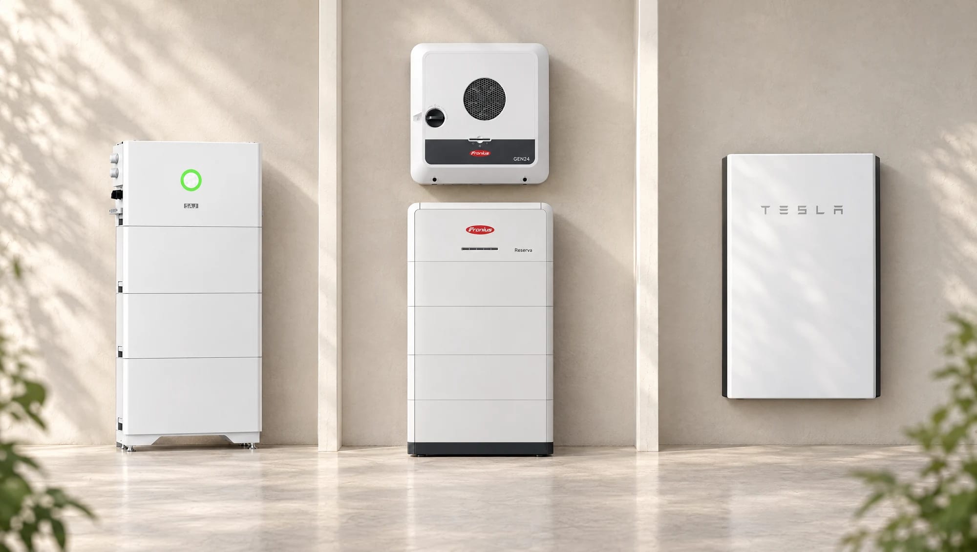 Stromspeichervergleich – SAJ, Fronius und Tesla Illustrative Produktansichten von SAJ HS3 links, Fronius GEN24 mit Reserva in der Mitte und Tesla Powerwall 3 rechts auf einer hellen Studiobühne.