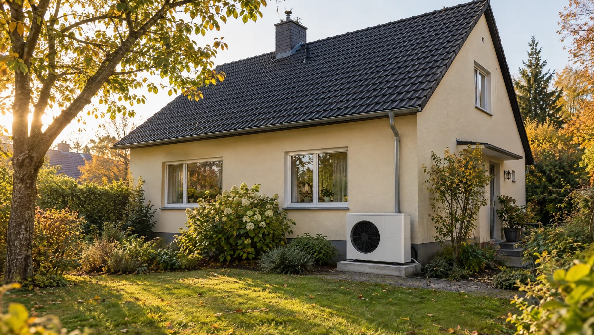 Wärmepumpe an einem Bestandsgebäude Weiße Luft-Wasser-Wärmepumpe an einem gepflegten Einfamilienhaus mit dunklem Ziegeldach im herbstlichen Garten.