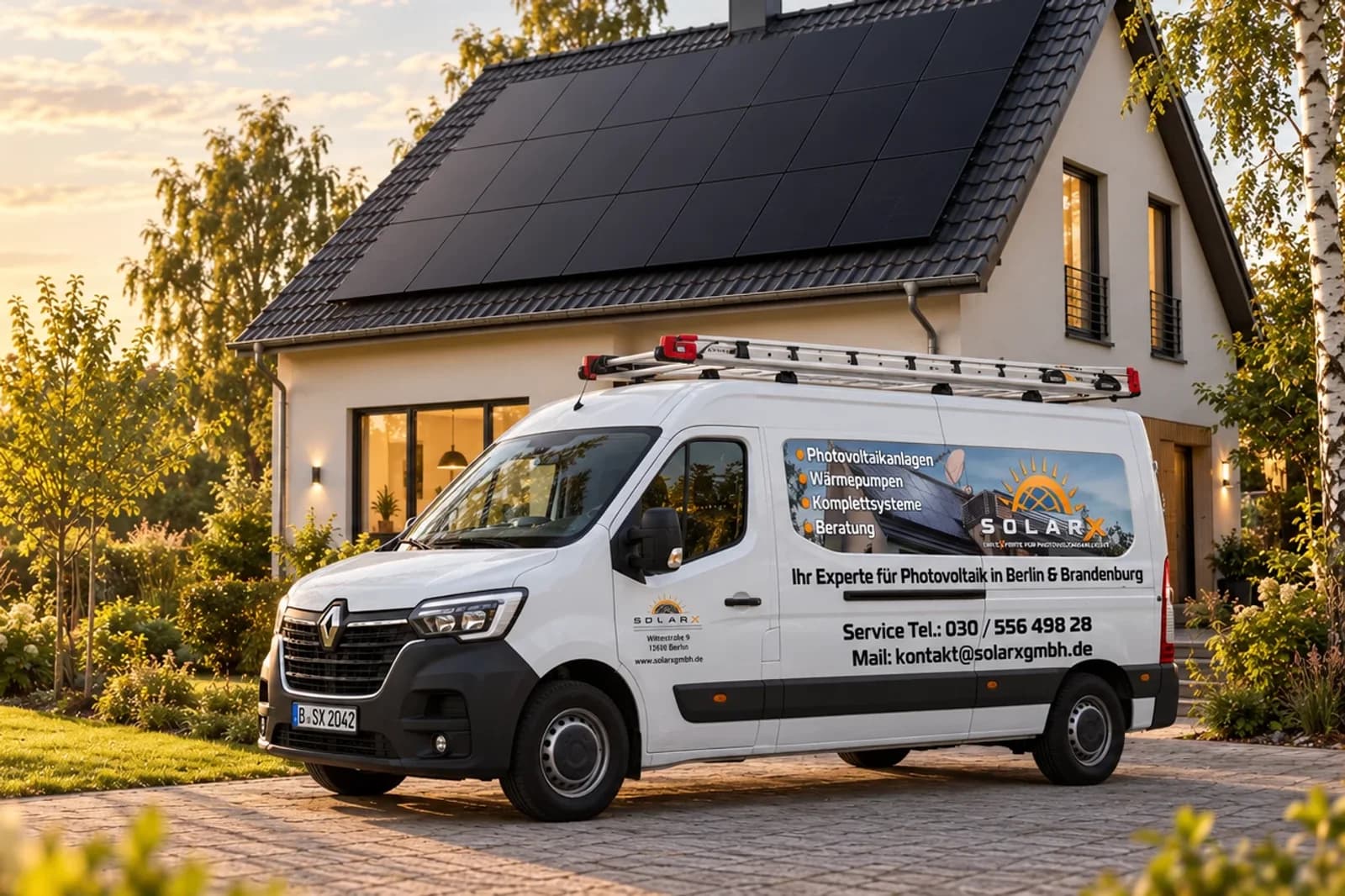 SolarX Transporter mit Firmenbeschriftung SolarX-Transporter vor einem Haus mit schwarzen Photovoltaikmodulen