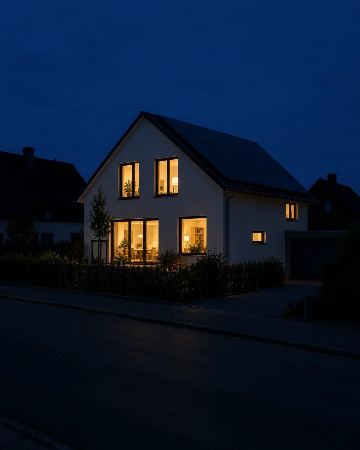 SolarX – Beleuchtetes Haus als Beispiel für Ersatzstromversorgung Haus in der Dämmerung mit beleuchteten Fenstern, die Nachbarhäuser und die Straße liegen dunkel