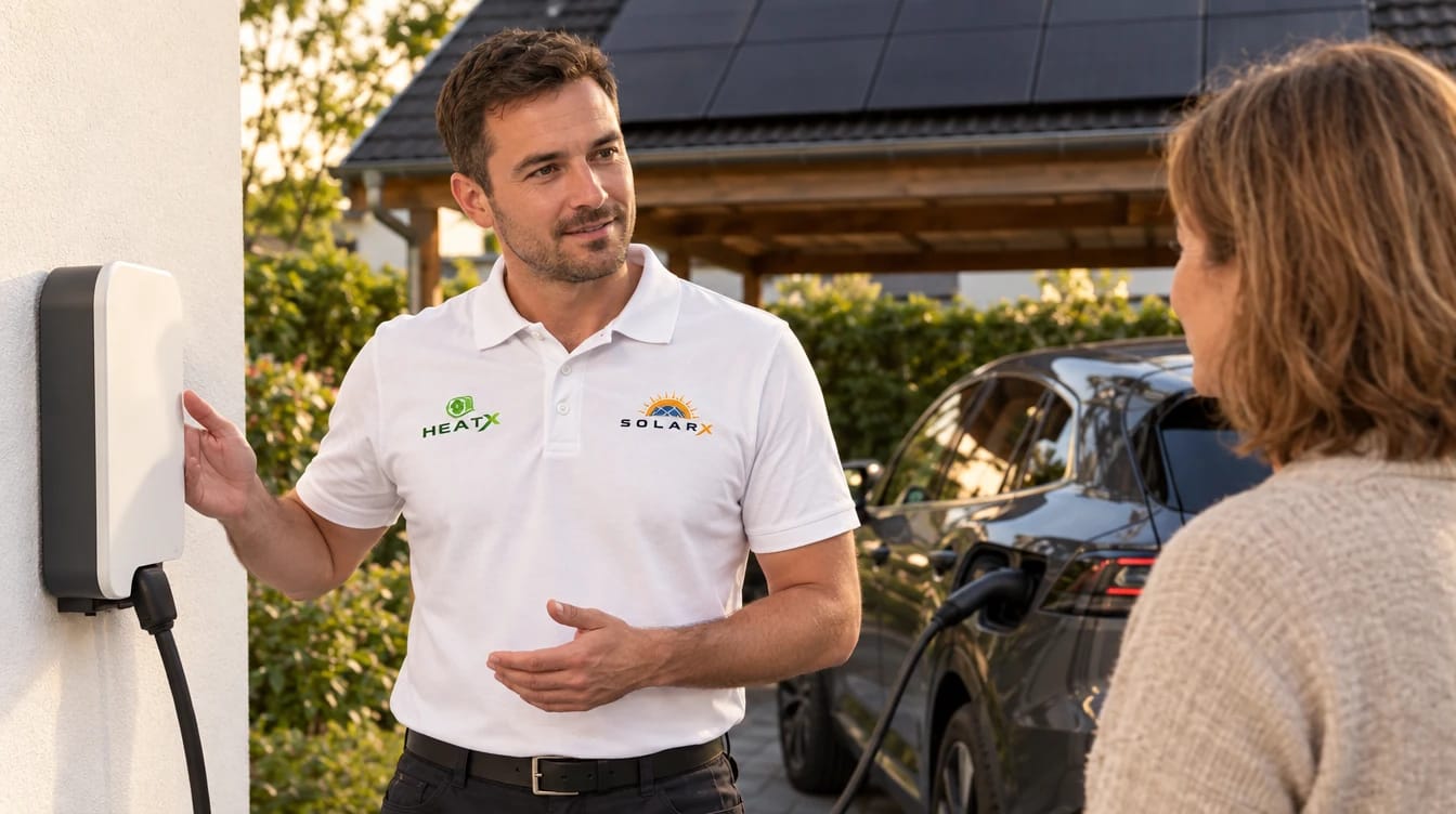 Ein Mitarbeiter im SolarX- und HeatX-Polo erklärt einer Hausbesitzerin die Wallbox am Carport, daneben lädt ein Elektroauto Ein Mitarbeiter im SolarX- und HeatX-Polo erklärt einer Hausbesitzerin die Wallbox am Carport, daneben lädt ein Elektroauto