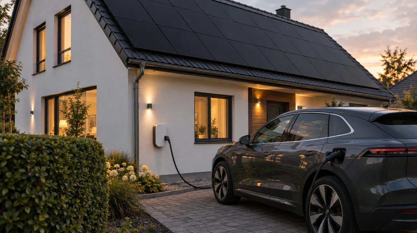 SolarX – Wallbox an der Wand eines Einfamilienhauses, daneben ein ladendes Elektroauto in der Einfahrt, auf dem Dach schwarze Solarmodule Wallbox an der Wand eines Einfamilienhauses, daneben ein ladendes Elektroauto in der Einfahrt, auf dem Dach schwarze Solarmodule