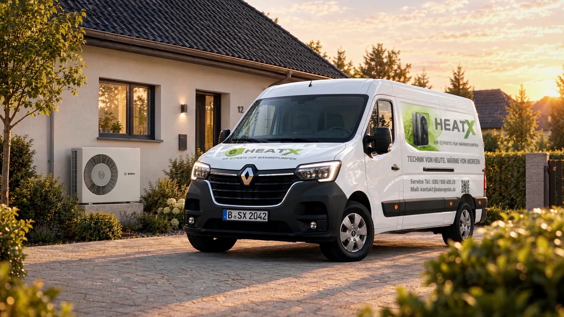 HeatX-Servicefahrzeug und Wärmepumpe vor einem Einfamilienhaus