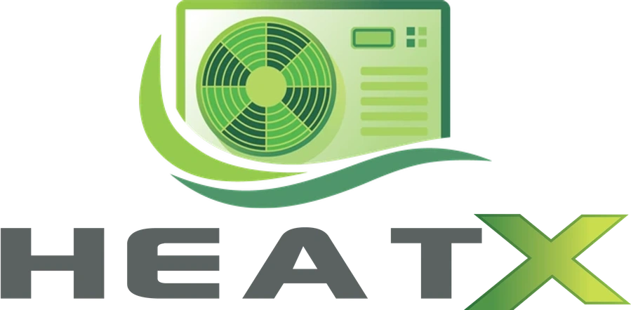 HeatX Logo mit dunkler Schrift HeatX Bild-Wort-Marke mit grünem Wärmepumpensymbol, dunkler Schrift und grünem X.