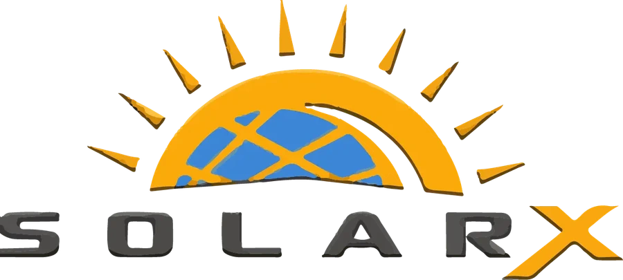 SolarX Logo mit dunkler Schrift SolarX Bild-Wort-Marke mit orangefarbenem Sonnensymbol, dunkler Schrift und orangefarbenem X.