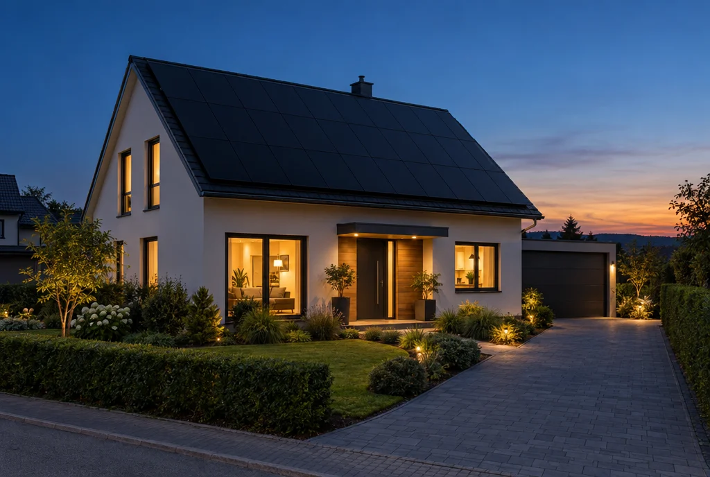 SolarX – Visualisierung eines beleuchteten Einfamilienhauses mit Solardach am Abend